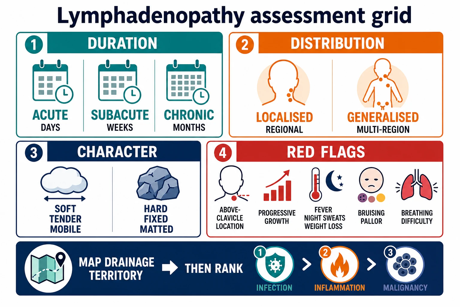 Educational schematic grid classifying lymphadenopathy by duration, distribution, character and red-flag features