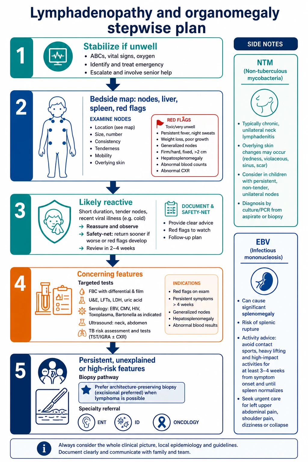 Educational flowchart from stabilise and map through observation tests biopsy and specialty referral