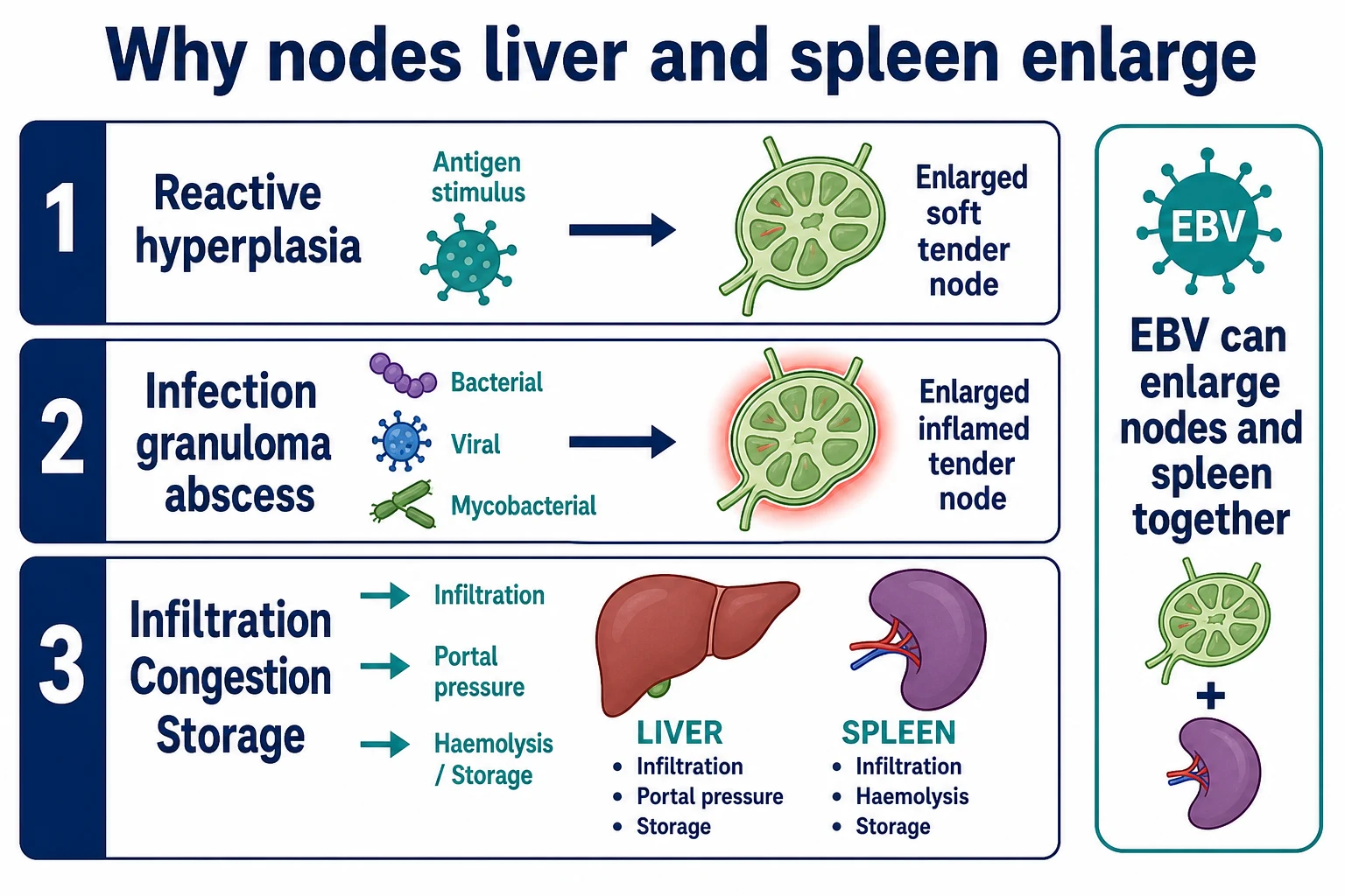 Educational schematic of reactive hyperplasia, infection or granuloma, and infiltration congestion or storage enlarging nodes liver and spleen