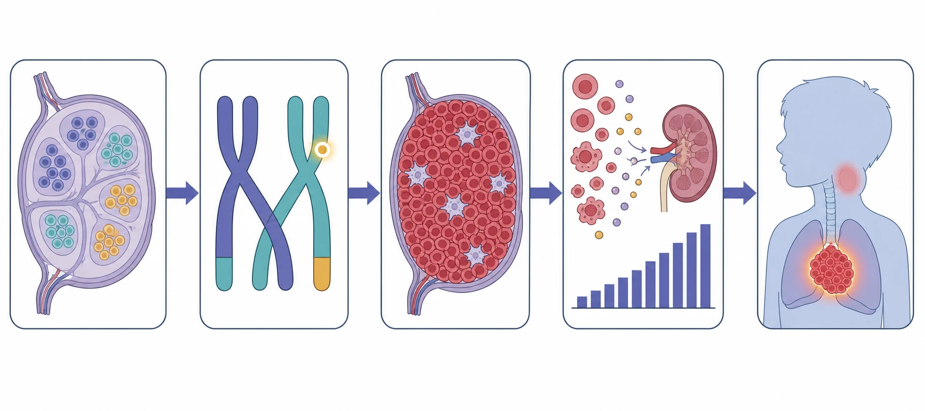 A clean scientific schematic on a white background flowing left to right in five connected boxes joined by indigo arrows. The first box shows a normal lymph node with resting small lymphocytes in three colours. The second shows a chromosome pair swapping arms to depict the t(8;14) translocation with a glowing c-MYC label. The third shows the node effaced by a sheet of rapidly dividing cells with a starry-sky macrophage pattern. The fourth shows cells and potassium and phosphate spilling into a kidney icon with a rising urate graph. The fifth shows a child externally with a swollen neck and a chest mass compressing the airway. No text appears in the figure.