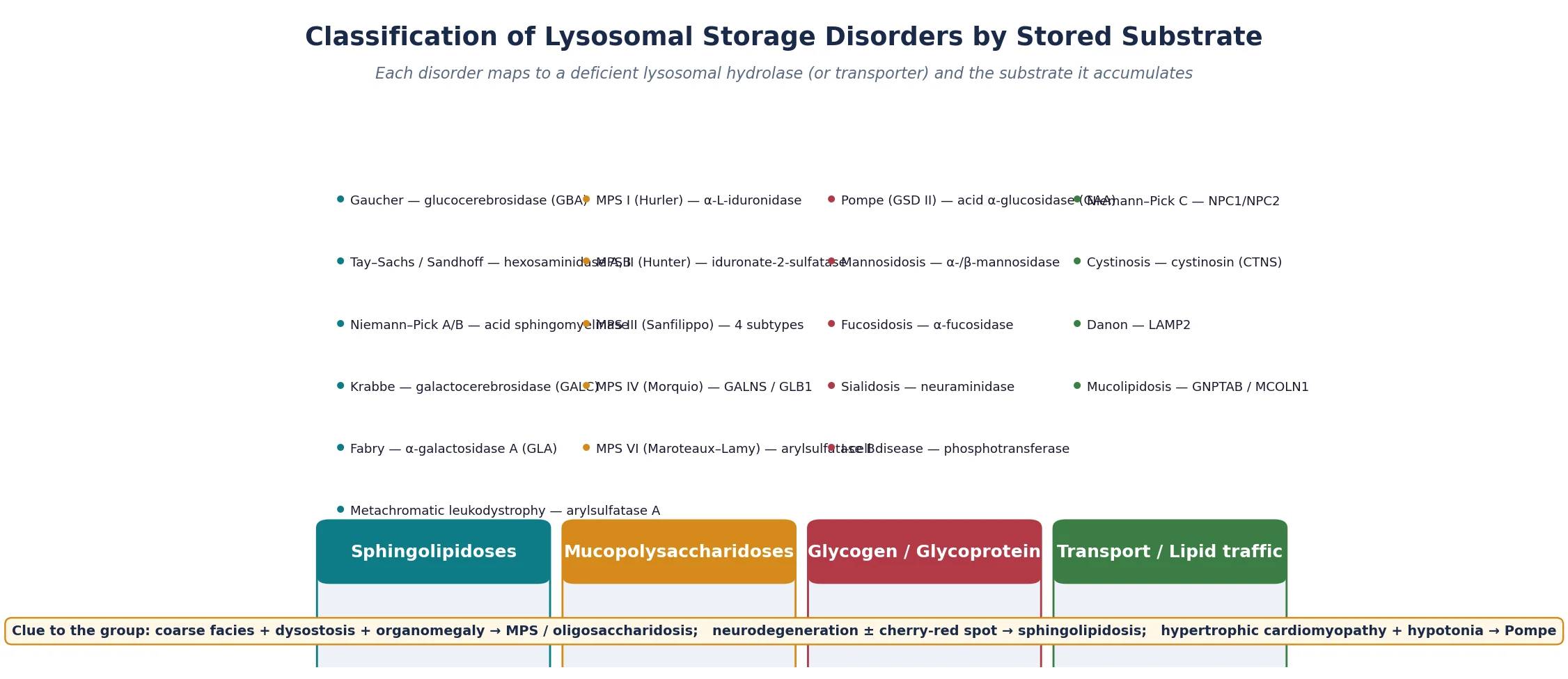Classification of lysosomal storage disorders grouped by stored substrate: sphingolipidoses, mucopolysaccharidoses, glycogen and glycoprotein disorders, and transport or lipid-traffic defects, each with the deficient enzyme