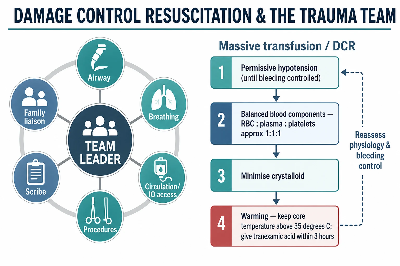 Reviewed educational schematic of the trauma team and damage control resuscitation, with a circular team diagram of named roles on the left and a vertical four-step massive transfusion algorithm on the right for permissive hypotension, balanced blood components at a ratio of one to one to one, minimised crystalloid, and warming with tranexamic acid, joined by a dashed reassessment feedback arrow