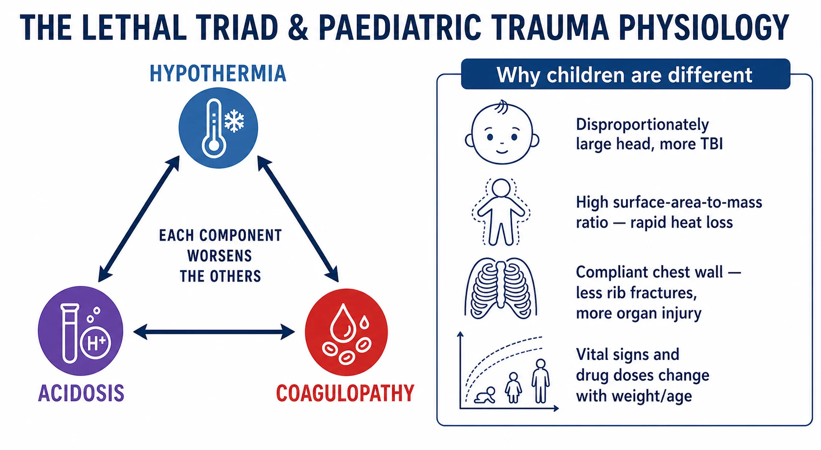 Reviewed educational schematic of the lethal triad of trauma shown as an equilateral triangle with three vertices for hypothermia, acidosis and coagulopathy joined by two-way arrows, beside a panel titled why children are different with four line-art icons and labels for a large head, high surface-area-to-mass ratio, compliant chest wall, and weight- and age-dependent vital signs