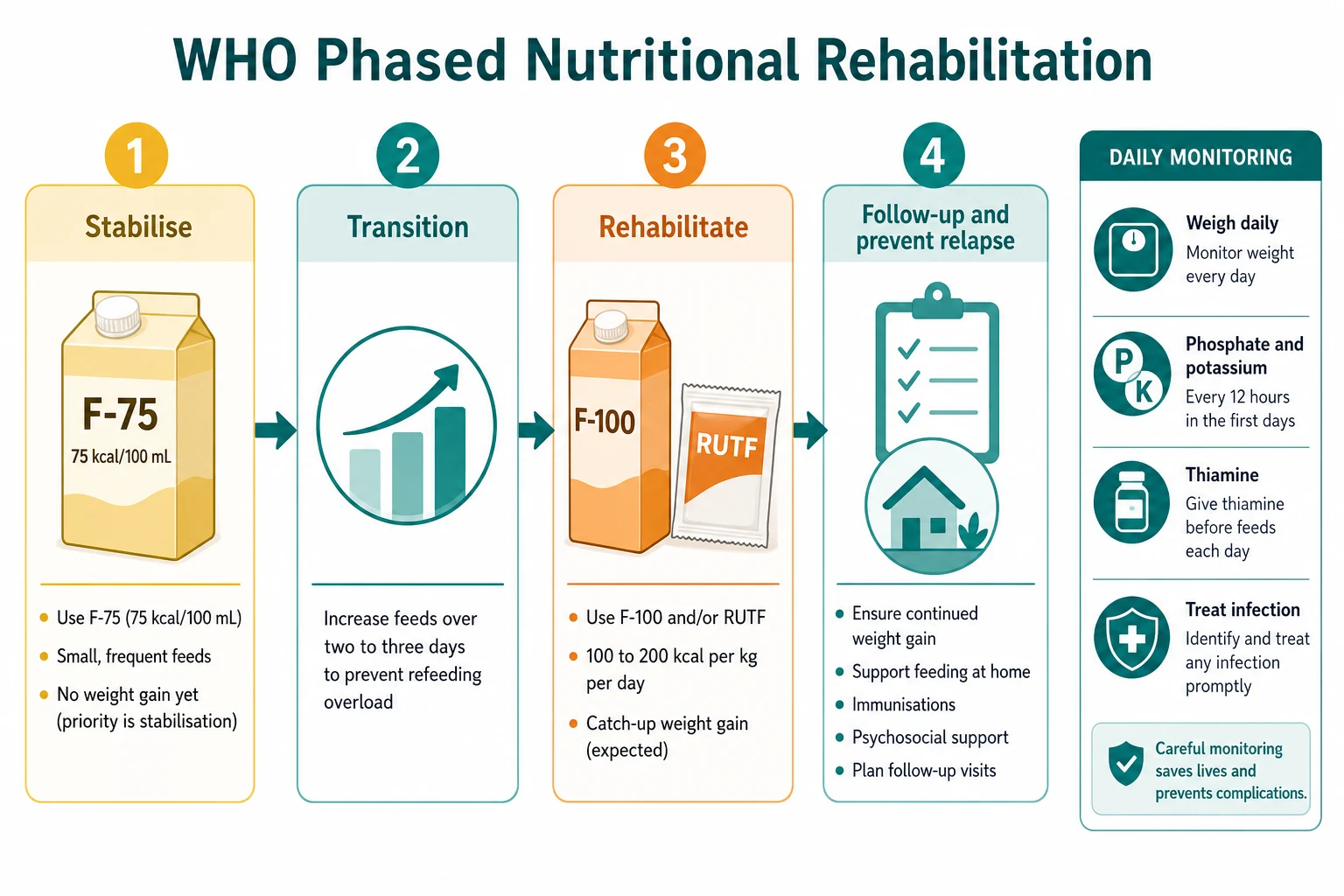 A four-phase WHO nutritional rehabilitation flowchart. Phase one Stabilise uses F-75 at 75 kcal per 100 mL as small frequent feeds with no weight gain yet. Phase two Transition increases feeds over two to three days to prevent refeeding overload. Phase three Rehabilitate uses F-100 and ready-to-use therapeutic food at 100 to 200 kcal per kg per day for catch-up weight gain. Phase four Follow-up and prevent relapse supports feeding at home, immunisations and follow-up visits. A daily monitoring sidebar lists weighing, phosphate and potassium checks, thiamine and treating infection.