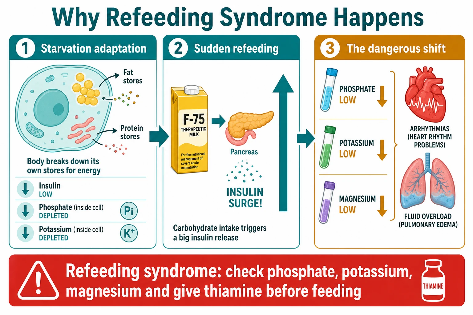 A three-stage causal diagram of refeeding syndrome. Stage one starvation adaptation: a cell breaks down its own fat and protein stores, insulin is low, and intracellular phosphate and potassium are depleted. Stage two sudden refeeding: F-75 is given and the pancreas releases a surge of insulin. Stage three the dangerous shift: serum phosphate, potassium and magnesium each fall, causing arrhythmia and fluid overload. A warning banner reads check phosphate, potassium, magnesium and give thiamine before feeding.