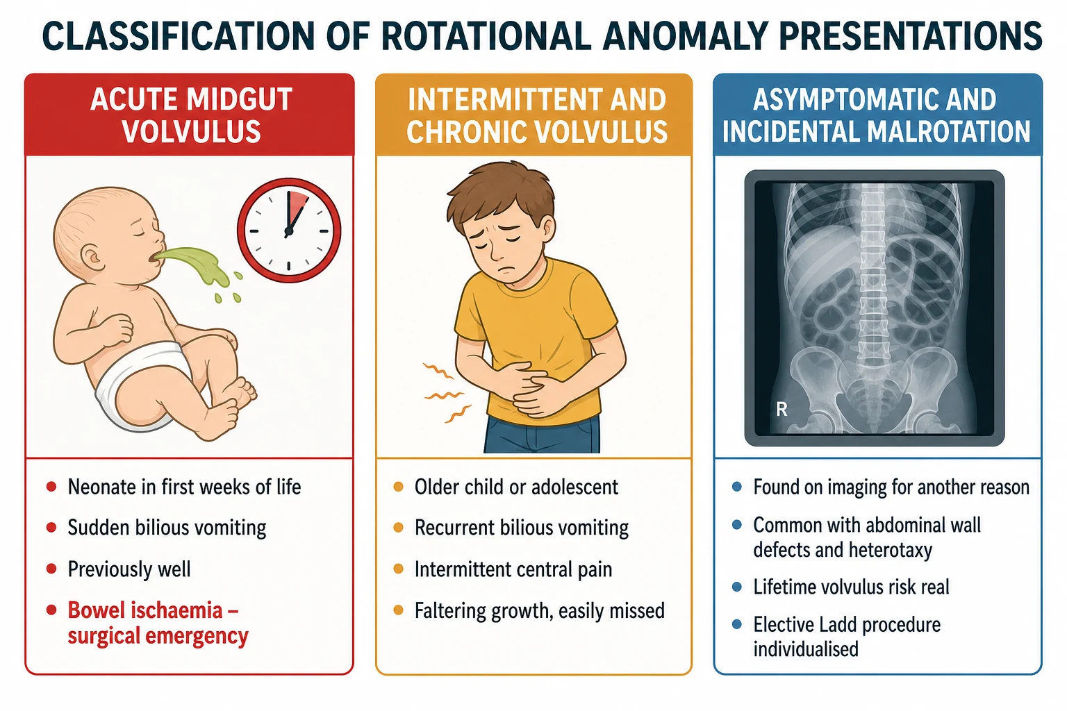 Classification chart of intestinal malrotation presentations in three columns. Column one acute midgut volvulus in red showing a neonate with sudden bilious green vomit, a clock, and the features of a previously well neonate in the first weeks of life with bowel ischaemia risk and a surgical emergency. Column two intermittent and chronic volvulus in amber showing an older child with central abdominal pain, recurrent bilious vomiting, intermittent colicky central pain and faltering growth that is easily missed. Column three asymptomatic and incidental malrotation in blue showing an abdominal radiograph and imaging report, found on imaging for another reason, common with abdominal wall defects and heterotaxy, with a real lifetime volvulus risk and an elective individualised Ladd procedure.