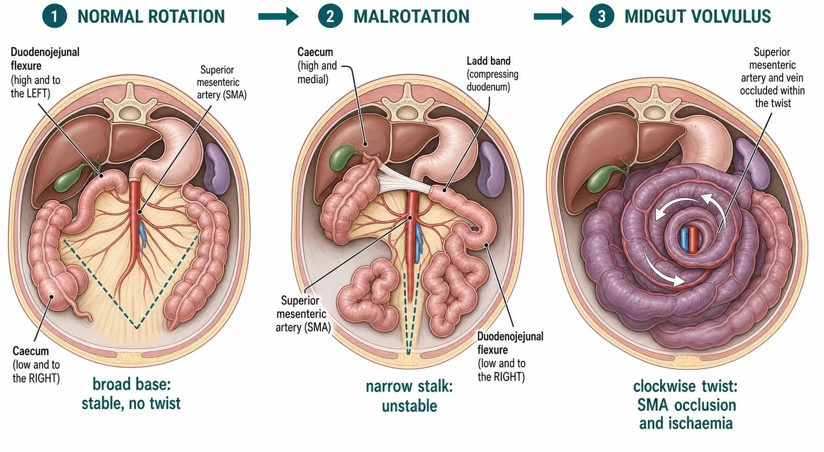 Three-panel pathophysiology diagram. Panel one normal rotation shows the superior mesenteric artery as a central trunk, the duodenojejunal flexure fixed high on the left, the caecum fixed low on the right, and a broad diagonal shaded mesenteric base labelled broad base stable no twist. Panel two malrotation shows the duodenojejunal flexure lying low and to the right, a high medial caecum, a narrow mesenteric base labelled narrow stalk unstable, and a peritoneal Ladd band crossing and compressing the duodenum. Panel three midgut volvulus shows the small bowel twisted clockwise around the superior mesenteric artery forming a visible spiral whirlpool, the artery and vein occluded inside the twist, and the bowel shaded dusky purple to show ischaemia.