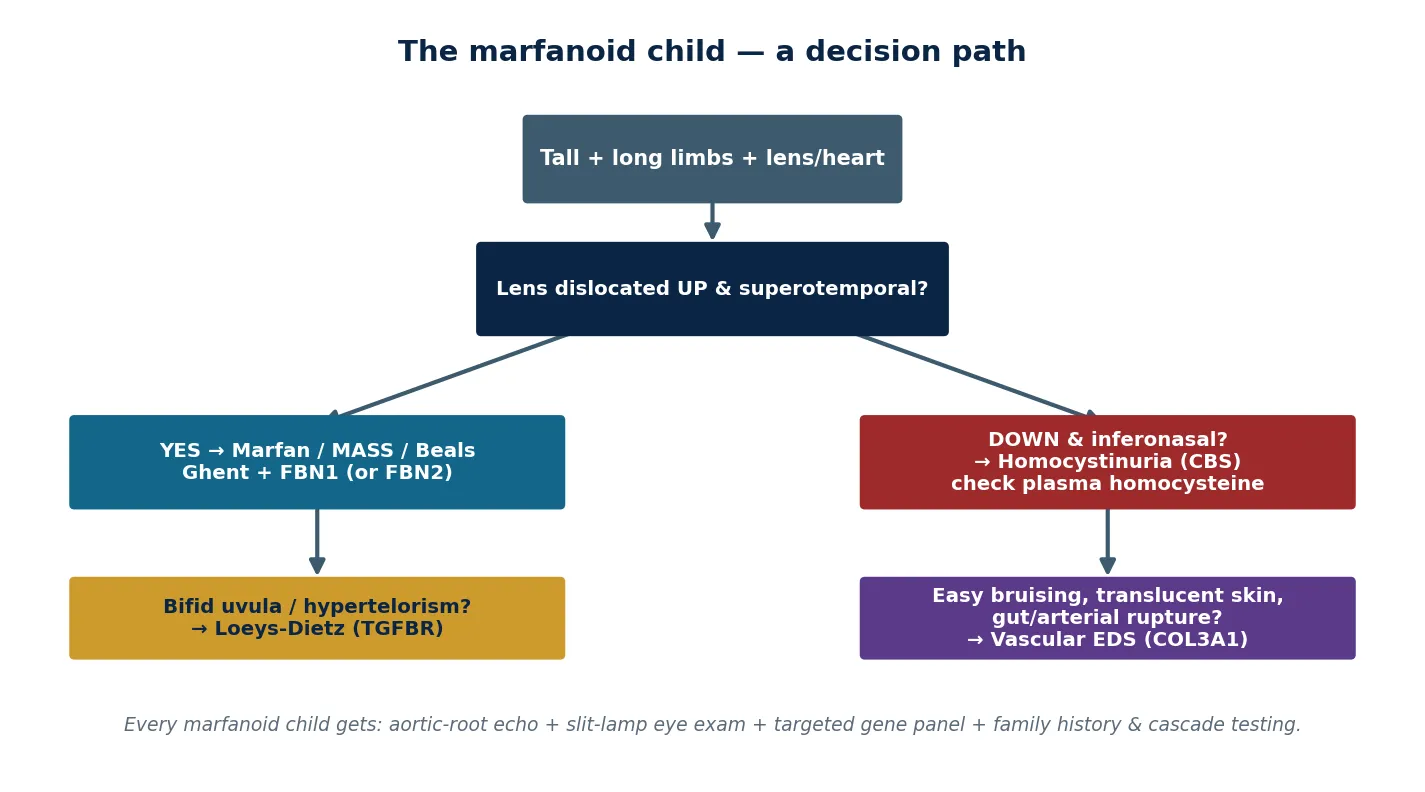 A decision path for the marfanoid child, branching at the direction of lens dislocation into Marfan, MASS or Beals (lens up), homocystinuria (lens down), then Loeys-Dietz for a bifid uvula with hypertelorism, and vascular Ehlers-Danlos for easy bruising with translucent skin, with a footer naming the non-negotiable first-line tests