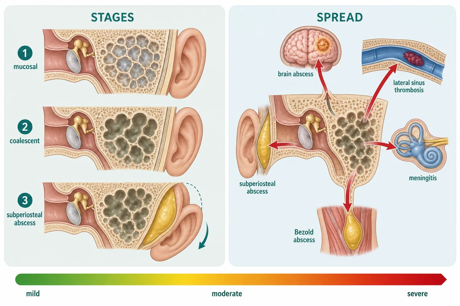 Two-panel schematic of mastoiditis classification: the left panel shows a temporal-bone cross-section with the mastoid air cells behind the external auditory canal, progressing through three stages — mucosal acute mastoiditis with intact trabeculae, coalescent mastoiditis with destroyed trabeculae and an eroded lateral cortical plate, and a subperiosteal abscess pushing the pinna down and out; the right panel is a routes-of-spread map from the mastoid to intratemporal targets (Bezold abscess through the mastoid tip into the neck, petrous apicitis with the Gradenigo triad, facial nerve and labyrinth) and intracranial targets through the tegmen to a temporal-lobe abscess, through the sigmoid plate to lateral sinus thrombosis, and via the inner ear to meningitis, with a severity gradient bar from green to deep red
