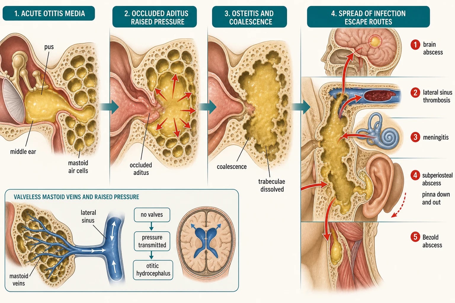 Left-to-right pathophysiology flow diagram of the mastoid air-cell system: on the far left acute otitis media fills the middle ear with pus, which passes through the wide valveless aditus ad antrum into the mastoid air cells; a swollen, occluded aditus traps the pus and raises pressure; the next panel shows osteitis dissolving the bony trabeculae into coalescence; arrows then show five routes of escape — erosion of the lateral cortical plate to a subperiosteal abscess pushing the pinna down and out, erosion of the mastoid tip into the neck as a Bezold abscess, erosion of the tegmen tympani upward to an extradural collection and temporal-lobe abscess, erosion of the sigmoid plate into the lateral sinus to form septic thrombus, and spread through the oval or round window to suppurative labyrinthitis and meningitis — with an inset showing the valveless venous channels explaining otitic hydrocephalus