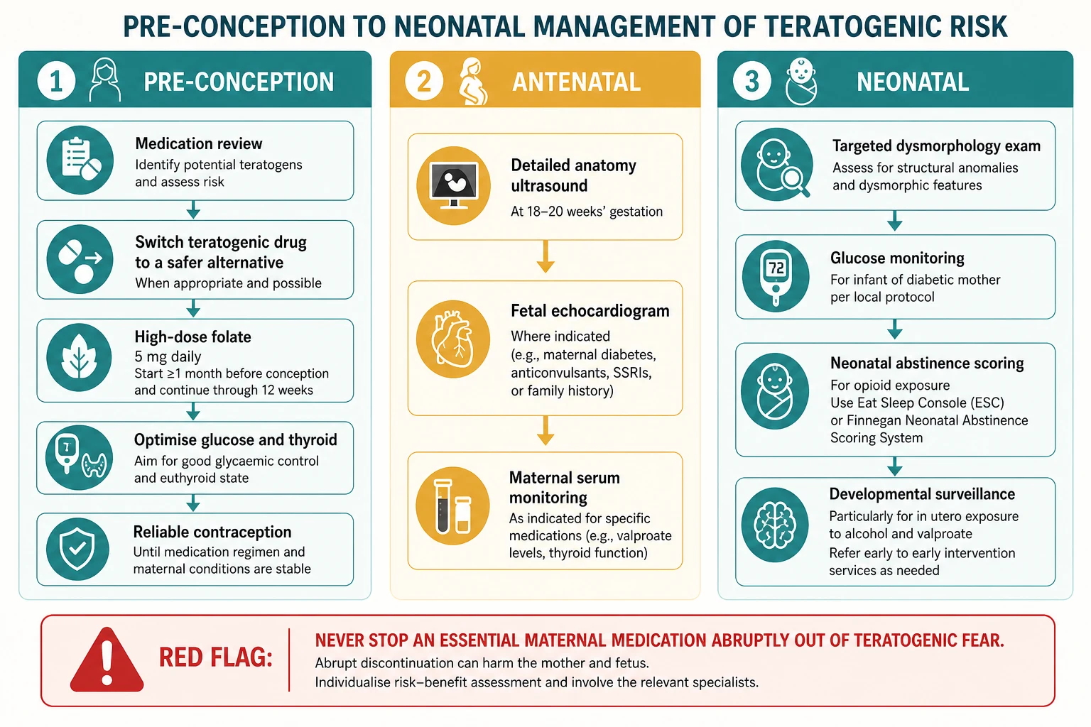 Educational flowchart of pre-conception to neonatal management of teratogenic risk with three vertical lanes: pre-conception, antenatal, and neonatal, plus a red-flag panel about not stopping essential medication abruptly