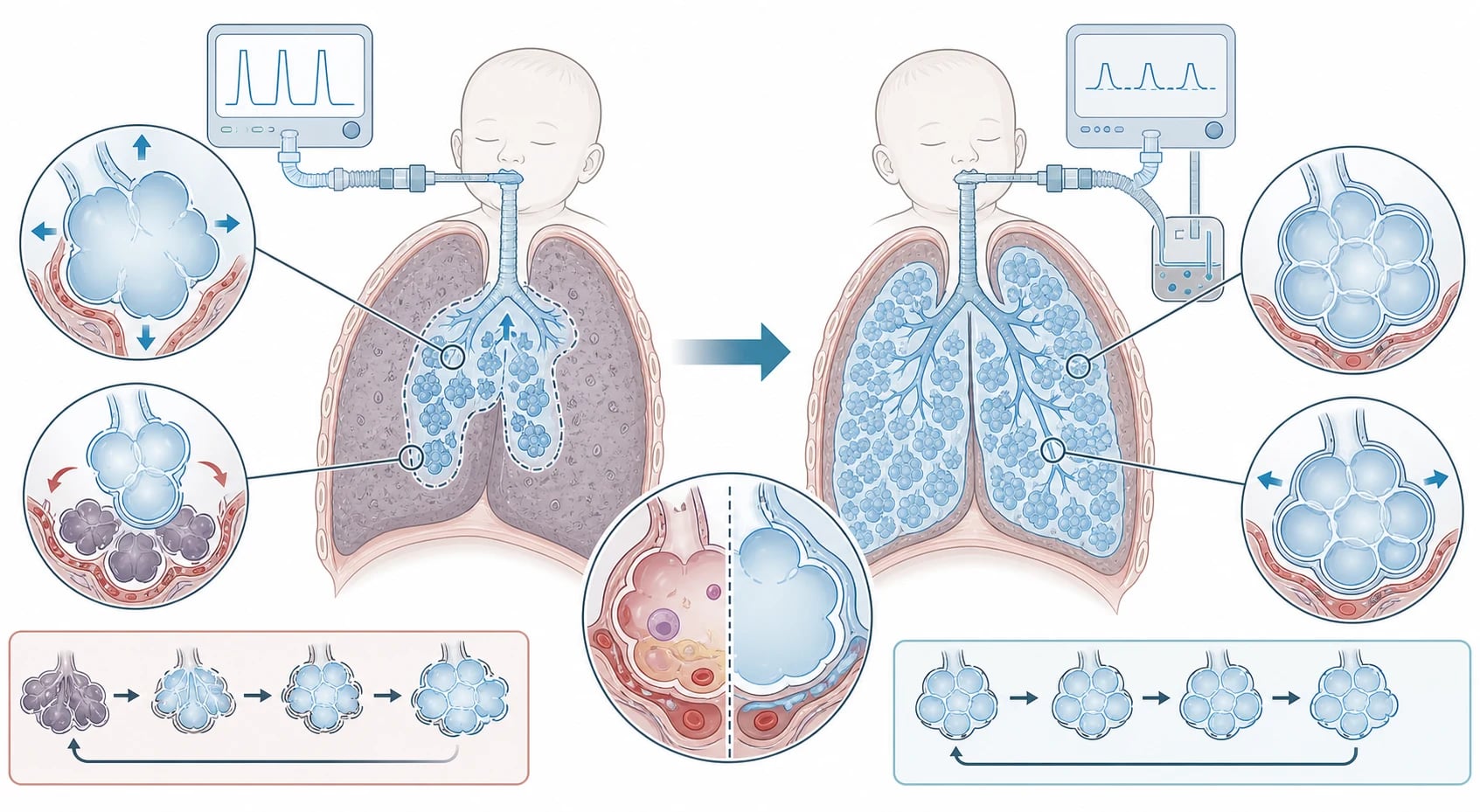 Pathophysiology diagram of ventilator-induced lung injury and the baby lung concept. A small aerated baby lung sits within a stiff injured lung. Overdistension or volutrauma is shown as excessive tidal volume stretching open alveoli. Atelectrauma is shown as cyclic collapse and reopening of dependent alveoli at low end-expiratory pressure. Positive end-expiratory pressure is shown recruiting and splinting collapsed alveoli open to raise functional residual capacity. Arrows indicate the protective effect of low tidal volume in limiting stretch. Flat vector medical illustration with muted blue and teal tones and soft red accent on injured regions.