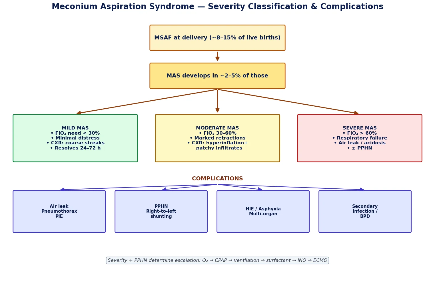 Classification of MAS by severity with associated complications.