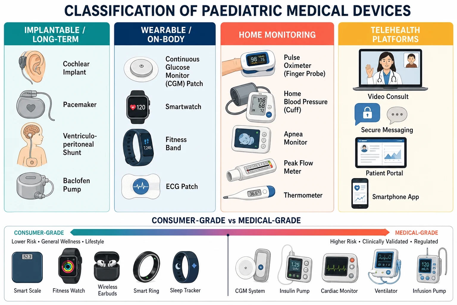 A schematic four-column classification card of paediatric medical devices: implantable or long-term (cochlear implant, pacemaker, ventriculoperitoneal shunt, baclofen pump), wearable or on-body (continuous glucose monitor patch, smartwatch, fitness band, ECG patch), home monitoring (pulse oximeter finger probe, home blood pressure cuff, apnea monitor, peak flow meter, thermometer) and telehealth platforms (video consult, secure messaging, patient portal, smartphone app), with a consumer-grade versus medical-grade spectrum bar at the bottom