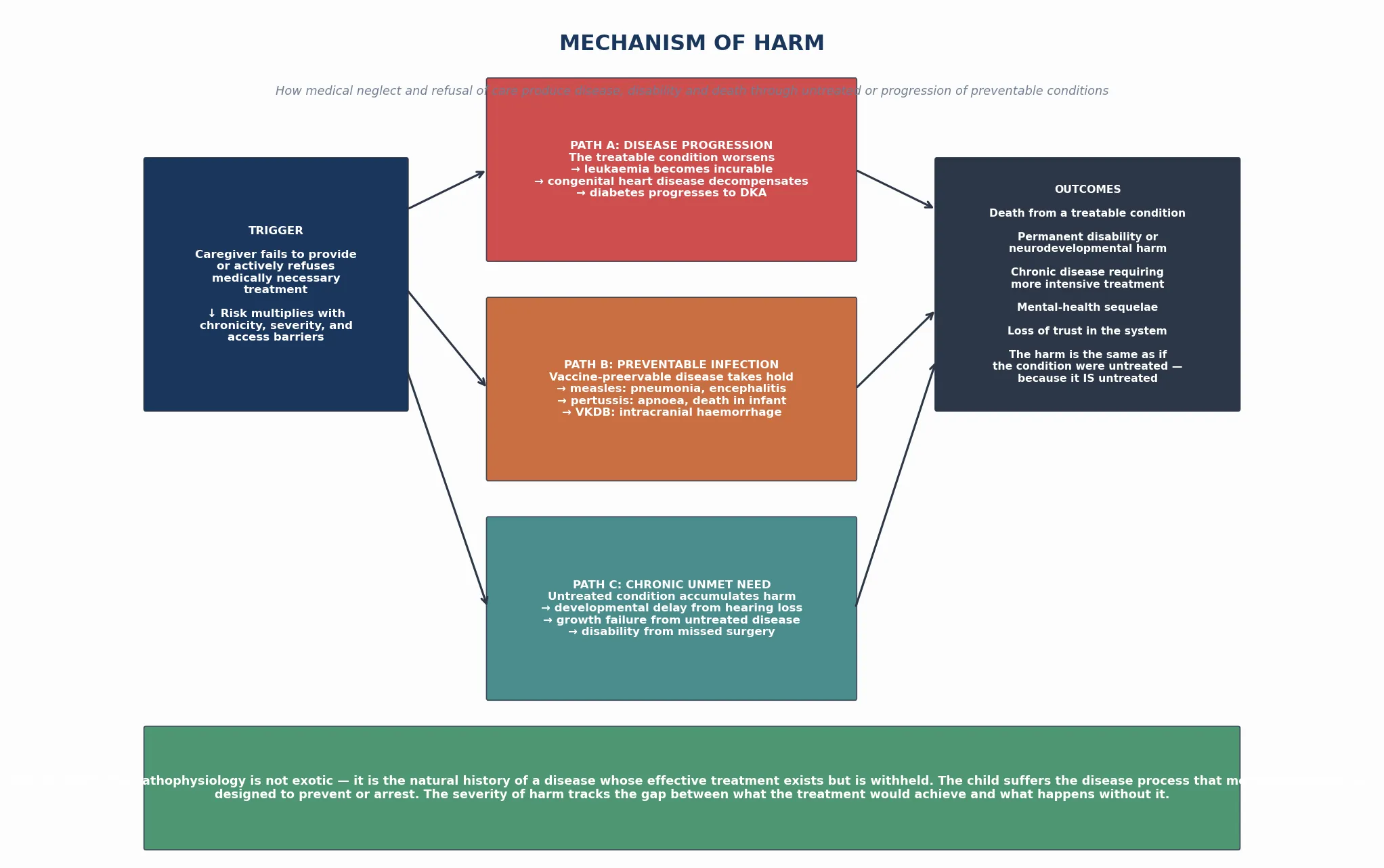 Mechanism of harm diagram showing how medical neglect and refusal of care produce disease disability and death through three paths disease progression when treatable conditions worsen preventable infection when vaccine preventable disease takes hold and chronic unmet need when untreated conditions accumulate harm with outcomes including death permanent disability chronic disease and mental health sequelae