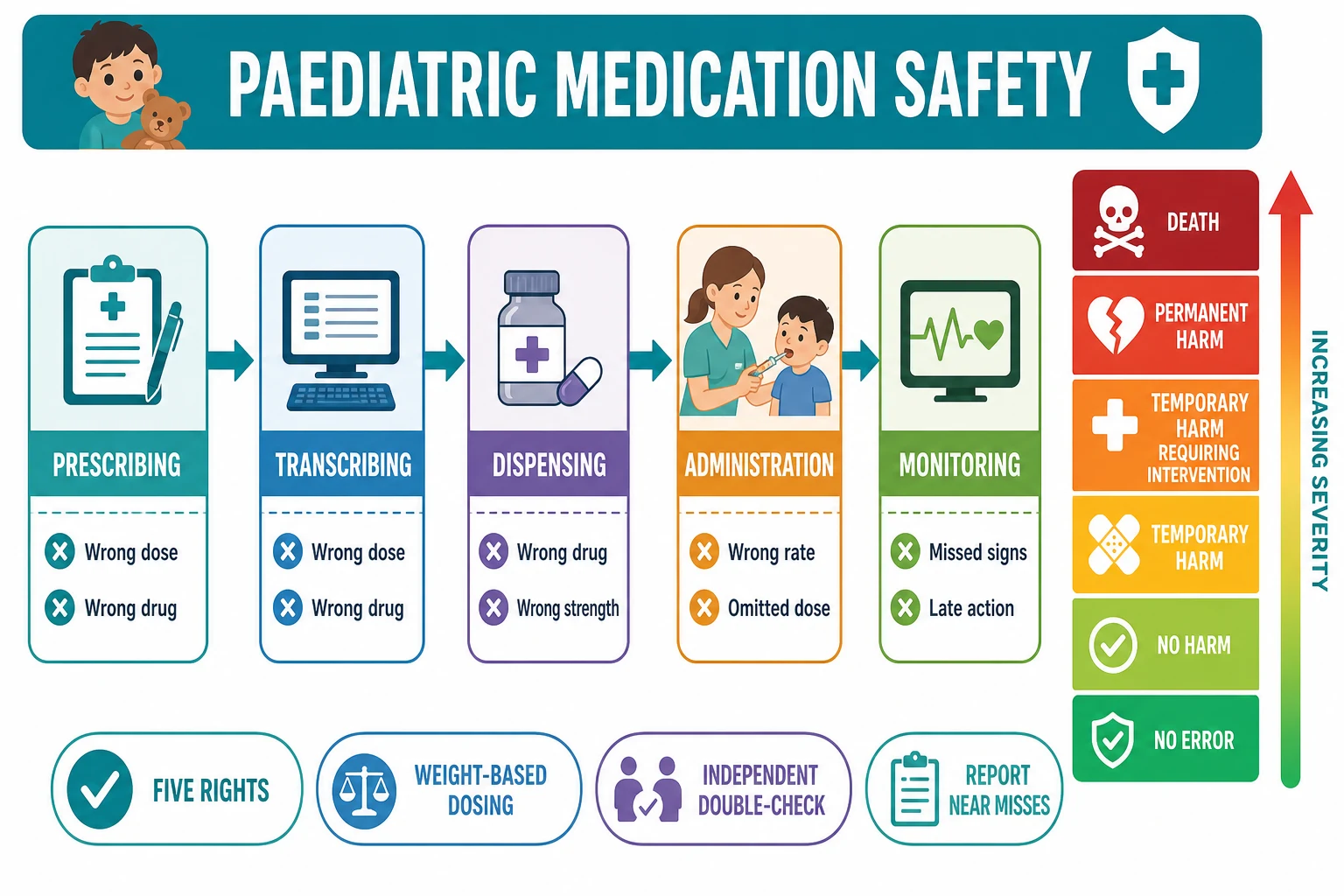Educational infographic classifying medication errors across the five-stage medication-use process beside a colour-coded harm-severity ladder