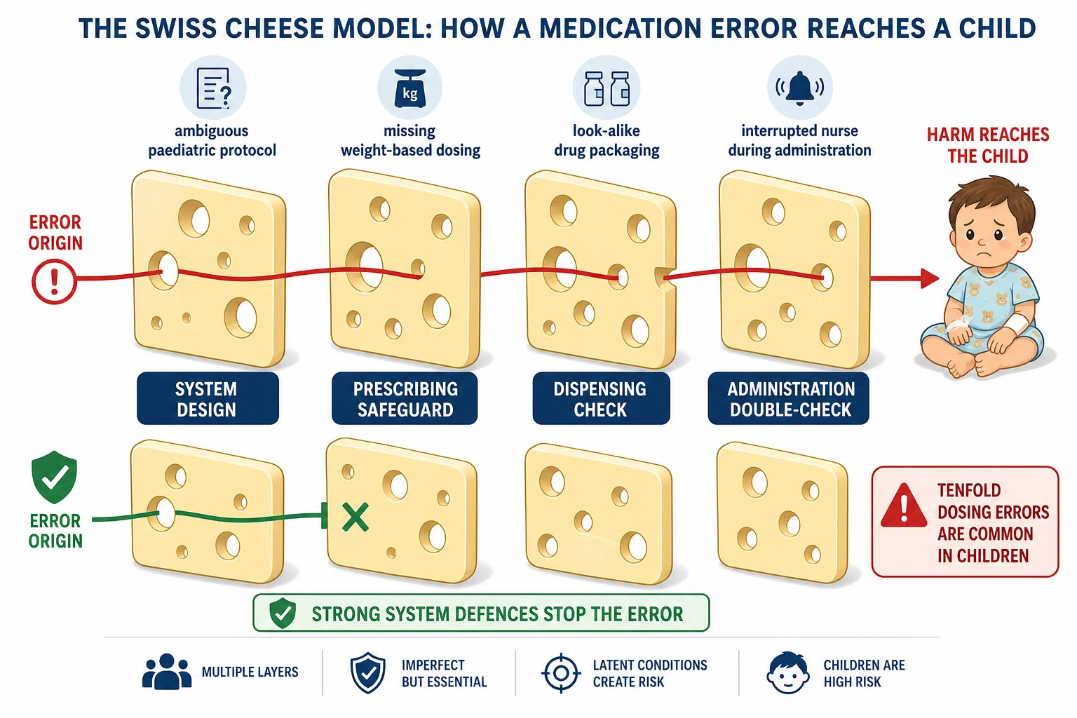 Swiss cheese educational schematic showing latent conditions and active failures aligning across defensive layers to let a medication error reach a child