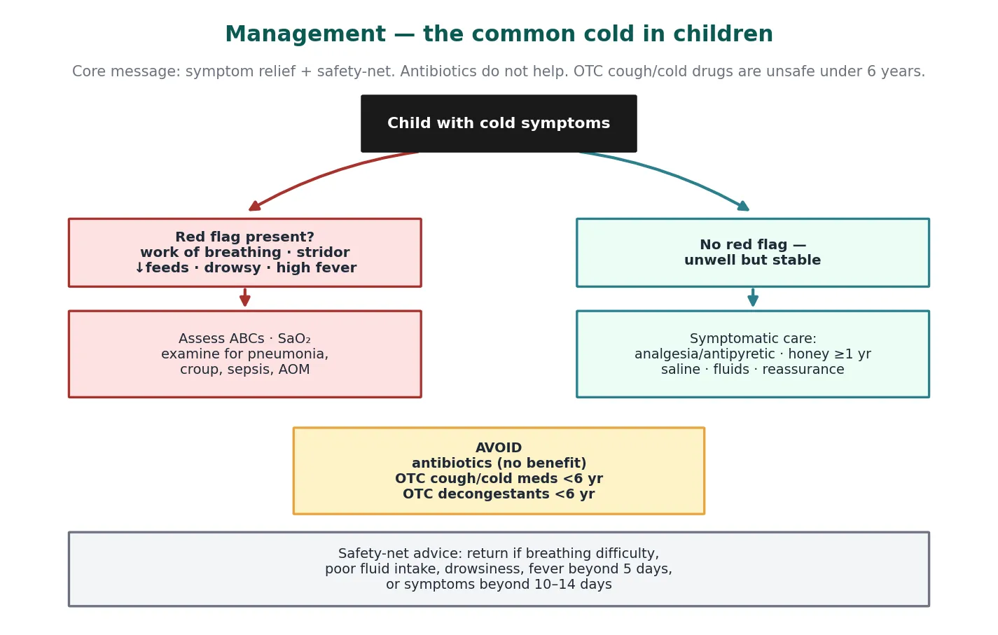 Stepwise management flowchart for suspected paediatric meningitis and encephalitis from recognition through resuscitation, empiric antibiotics and aciclovir, lumbar puncture and CSF interpretation, and tailored definitive therapy.