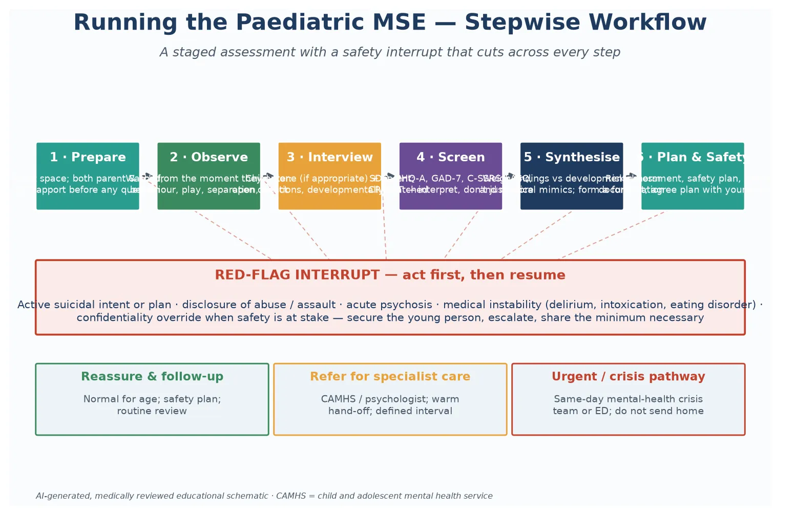 Educational schematic of the stepwise paediatric mental state examination workflow with a red-flag safety interrupt and three disposition paths