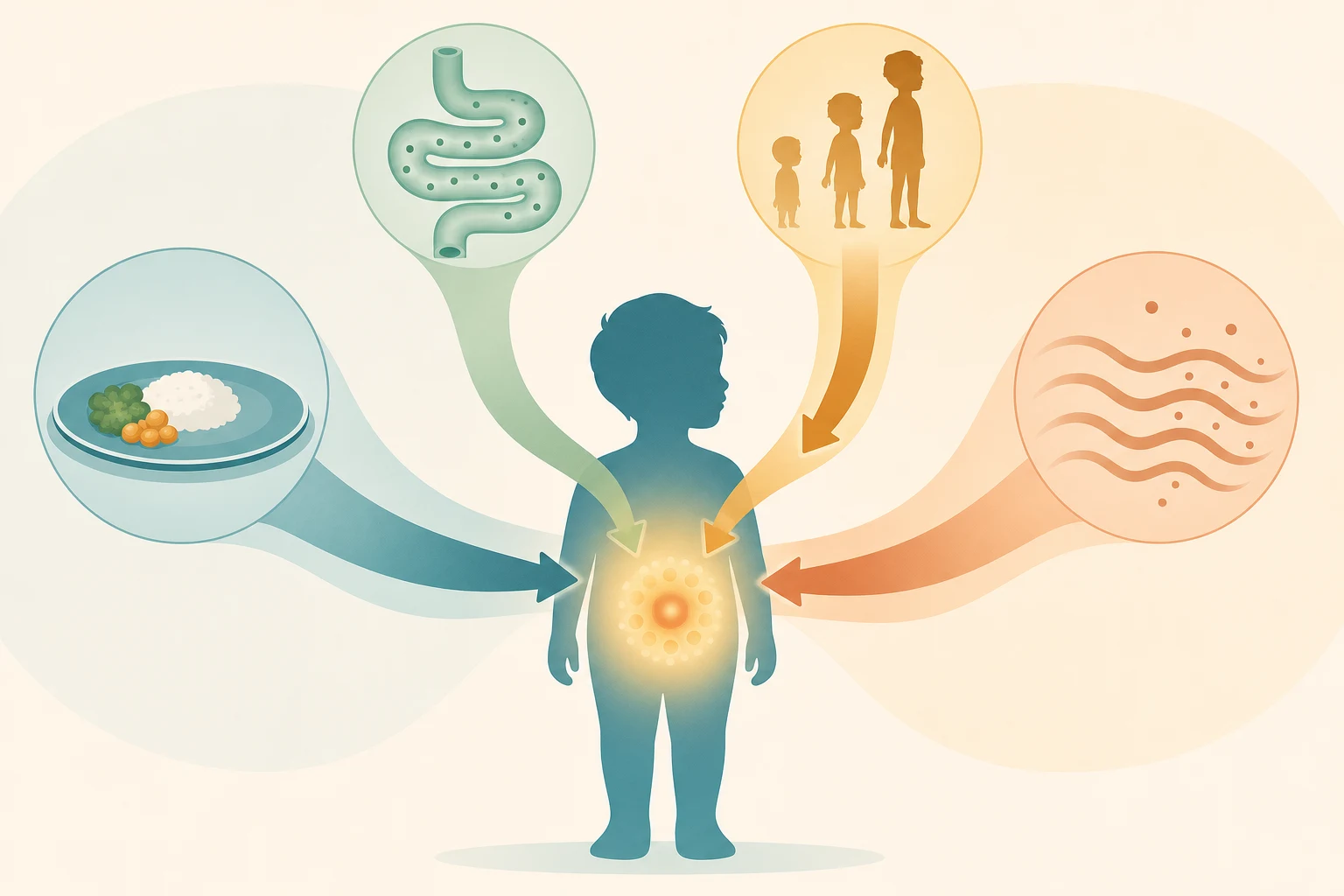 Mechanism of micronutrient deficiency: four source streams flowing into a central child silhouette — a plate with little food for inadequate intake, a coiled intestine for malabsorption, wavy loss lines for increased losses, and a growing child with an upward arrow for increased needs of growth — all converging on a glowing depleted core representing empty cellular reserves