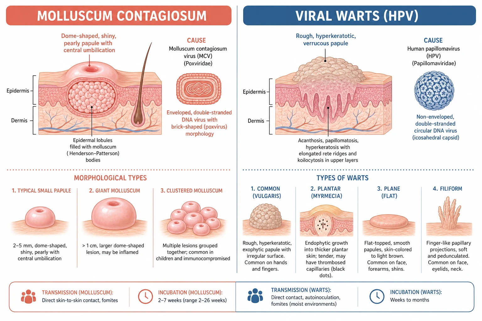 Side-by-side schematic classification of molluscum contagiosum (pearly umbilicated papules, poxvirus) versus viral warts (rough verrucous papules by HPV type: common, plantar, plane, filiform)