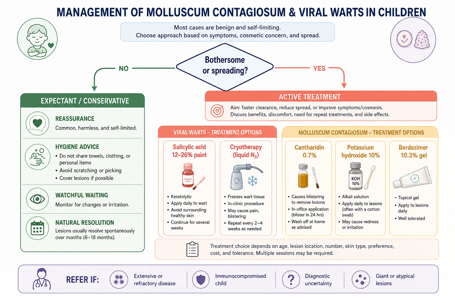 Management decision flowchart splitting expectant versus active treatment for molluscum and warts, with active options listed and a refer-if footer
