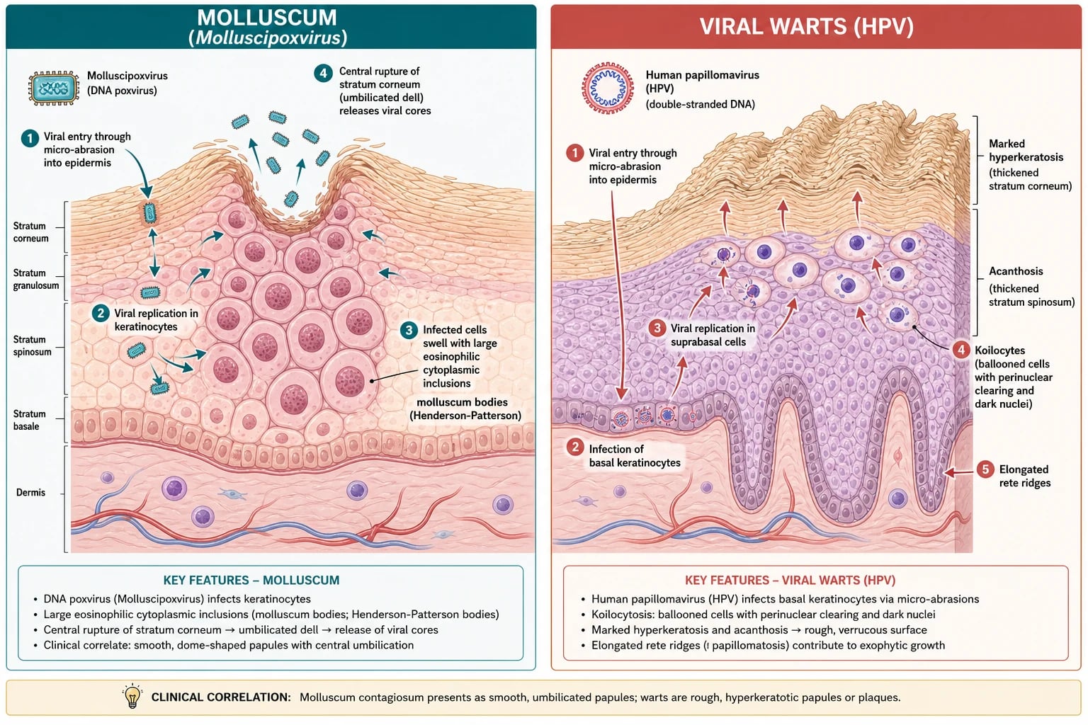 Cross-section schematic: molluscum poxvirus forming intracytoplasmic molluscum bodies with central umbilication, and HPV forming koilocytes with hyperkeratosis and acanthosis
