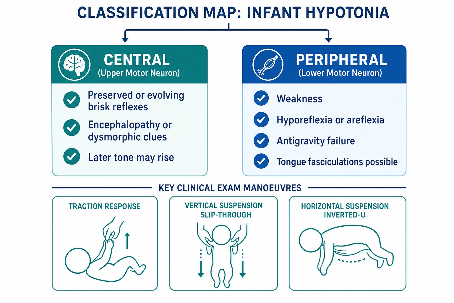 Educational two-column map comparing central and peripheral hypotonia with traction, vertical suspension and horizontal suspension exam panels
