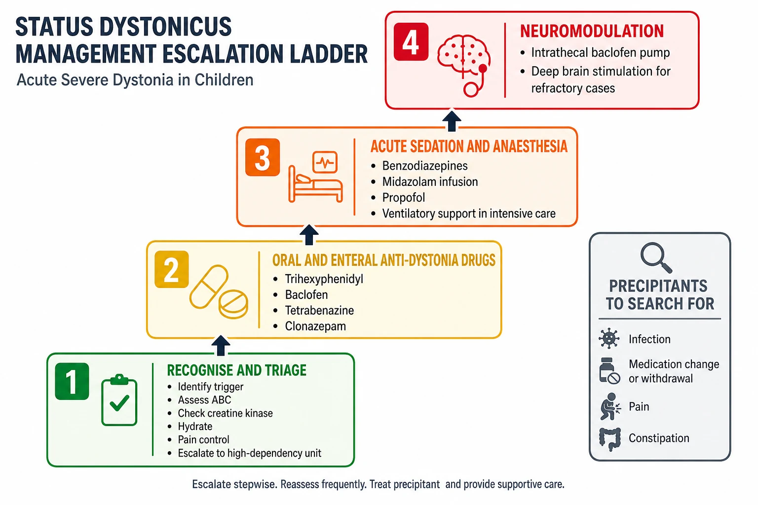 A labelled clinical algorithm infographic on a white background showing the status dystonicus escalation ladder as four ascending tiers. Tier 1 is Recognise and Triage with identify trigger, assess airway breathing and circulation, check creatine kinase, hydrate, pain control, and escalate to high-dependency unit. Tier 2 is Oral and Enteral Anti-dystonia Drugs with trihexyphenidyl, baclofen, tetrabenazine, and clonazepam. Tier 3 is Acute Sedation and Anaesthesia with benzodiazepines, midazolam infusion, propofol, and ventilatory support in intensive care. Tier 4 is Neuromodulation with intrathecal baclofen pump and deep brain stimulation for refractory cases. A side callout lists precipitants to search for: infection, medication change or withdrawal, pain, constipation.