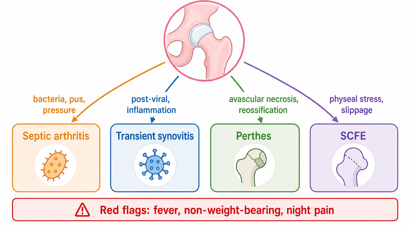Central hip joint icon radiating to four boxes. Box one orange labelled septic arthritis with arrow labelled bacteria pus pressure. Box two blue labelled transient synovitis with arrow labelled post-viral inflammation. Box three green labelled Perthes with arrow labelled avascular necrosis reossification. Box four purple labelled SCFE with arrow labelled physeal stress slippage. Bottom red banner reads red flags fever non-weight-bearing night pain.