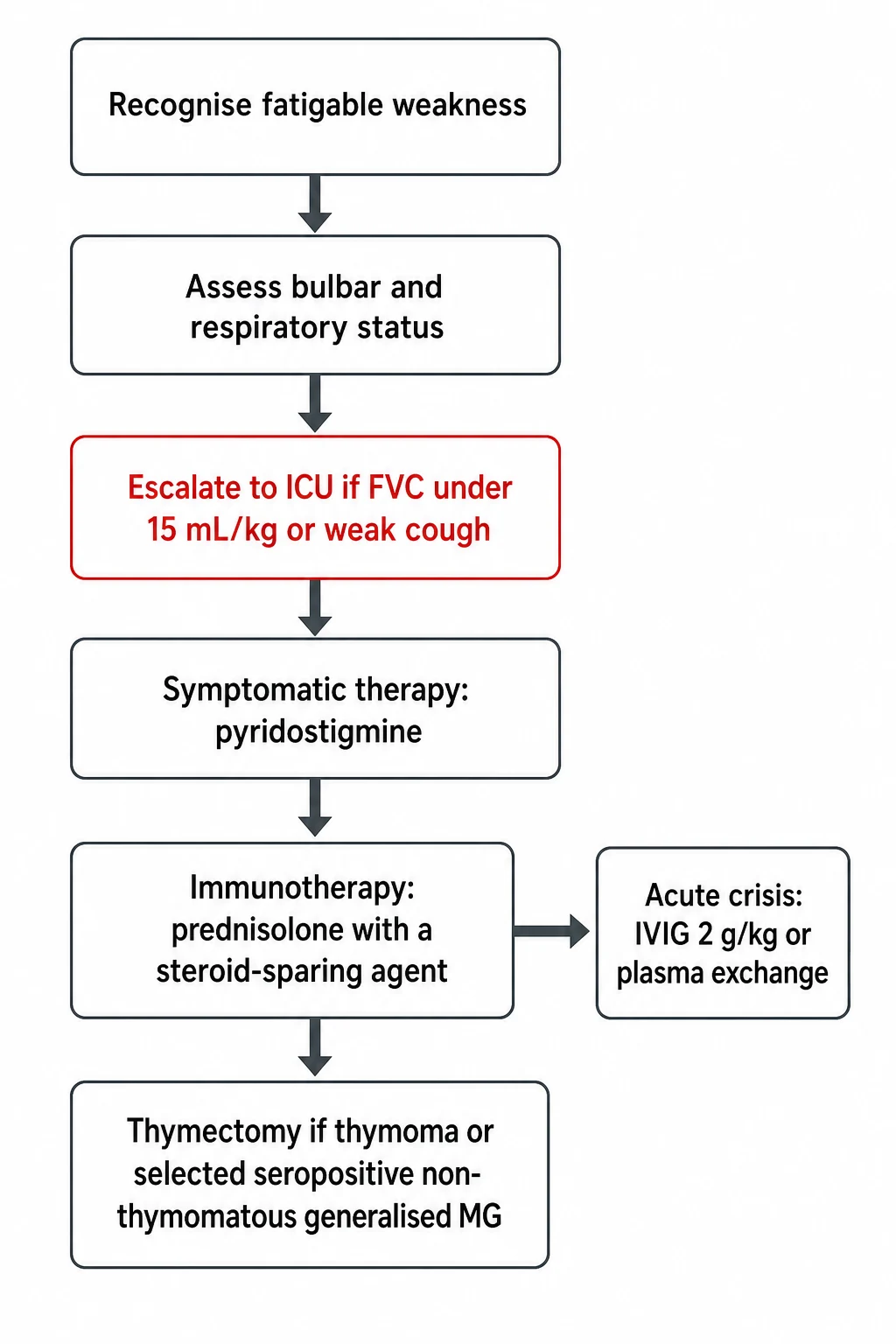 A management algorithm flowchart on a white background flowing vertically from recognition of fatigable weakness through assessment of bulbar and respiratory status, a red alert box for the intensive care thresholds, pyridostigmine, immunotherapy with prednisolone and a steroid-sparing agent, a side box for crisis with intravenous immunoglobulin or plasma exchange, and thymectomy at the base.