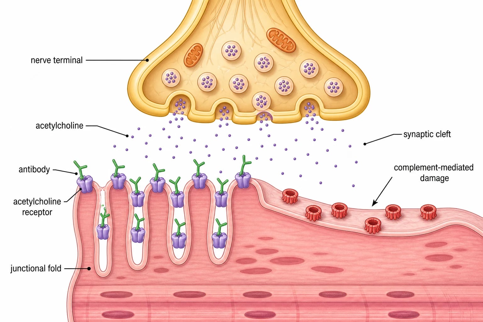 A pathophysiology diagram on a white background showing a neuromuscular junction cross-section with a motor nerve terminal releasing acetylcholine across the synaptic cleft onto folded postsynaptic membrane studded with acetylcholine receptors, with Y-shaped antibodies binding the receptors and complement membrane attack complexes forming to simplify and reduce the junctional folds.