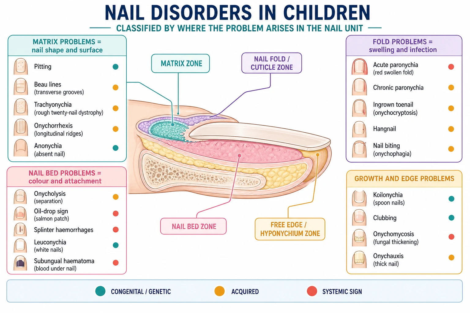 Four-zone classification schematic around a labelled longitudinal nail cross-section: matrix problems (pitting, Beau lines, trachyonychia, onychorrhexis, anonychia) shown as surface and shape change; nail bed problems (onycholysis, oil-drop sign, splinter haemorrhages, leuconychia, subungual haematoma) shown as colour and attachment change; nail fold problems (acute and chronic paronychia, ingrown toenail or onychocryptosis, hangnail, nail biting or onychophagia) shown as swelling and infection; and growth and edge problems (koilonychia, clubbing, onychomycosis, onychauxis), with a footer legend of congenital, acquired and systemic causes