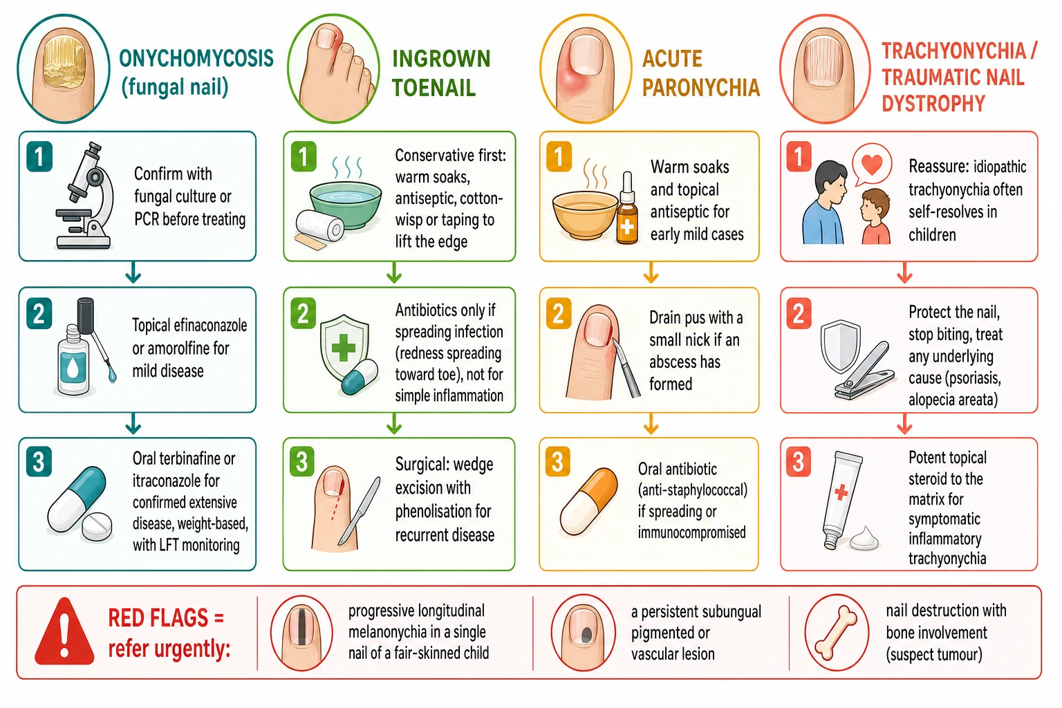 Four-column stepwise management pathway for paediatric nail disorders: column one onychomycosis with confirm by fungal culture or PCR before treating, topical efinaconazole or amorolfine for mild disease, and weight-based oral terbinafine or itraconazole for extensive disease with liver-function monitoring; column two ingrown toenail with conservative soaks, antiseptic and cotton-wisp or taping first, antibiotics only for spreading infection, and wedge excision with phenolisation for recurrent disease; column three acute paronychia with warm soaks, drainage of a pointing abscess, and an oral anti-staphylococcal antibiotic if spreading; column four trachyonychia or traumatic dystrophy with reassurance, nail protection and stopping biting, treatment of the underlying cause, and a potent topical steroid to the matrix; with a red-flag footer for the changing or destructive subungual lesion