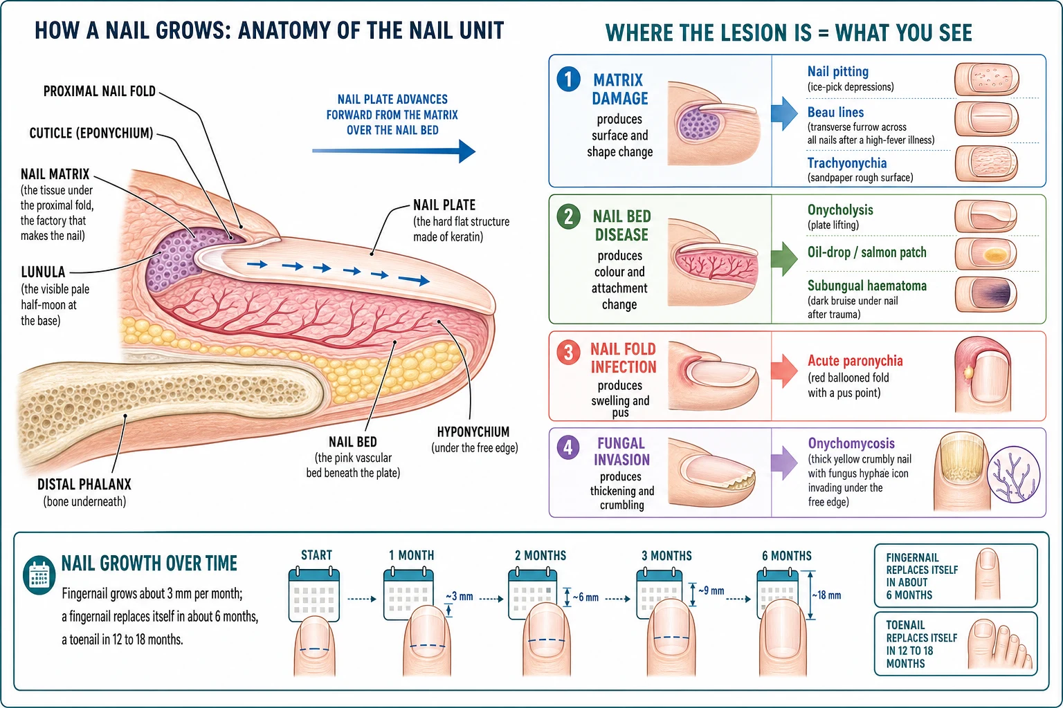 Left-to-right nail pathophysiology: a labelled longitudinal nail cross-section showing the proximal nail fold, cuticle or eponychium, nail matrix as the factory that makes the plate, lunula, nail plate advancing forward over the nail bed, hyponychium and distal phalanx; beside it a four-row teaching ladder pairing matrix damage with surface and shape change (pitting, Beau lines, trachyonychia), nail bed disease with colour and attachment change (onycholysis, oil-drop sign, subungual haematoma), nail fold infection with swelling and pus (acute paronychia), and fungal invasion with thickening and crumbling (onychomycosis); with a growth-rate ribbon showing fingernails grow about 3 mm per month and take 6 months to regrow while toenails take 12 to 18 months