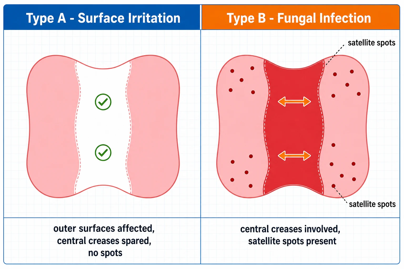 A clean two-panel educational medical schematic in a flat illustration style. Left panel titled Irritant nappy dermatitis: a simplified stylised anatomical diagram of an infant buttocks and groin area viewed from front, showing patchy bright pink erythema on the convex surfaces (buttocks, mons pubis, lower abdomen, upper thighs) with clear smooth skin in the inguinal folds highlighted with small green checkmarks labelled folds spared. Right panel titled Candidal nappy dermatitis: the same anatomical diagram showing deep beefy red erythema extending into the inguinal and gluteal folds highlighted with small orange arrows labelled folds involved, and scattered small red papules and tiny pustules at the periphery labelled satellite lesions.