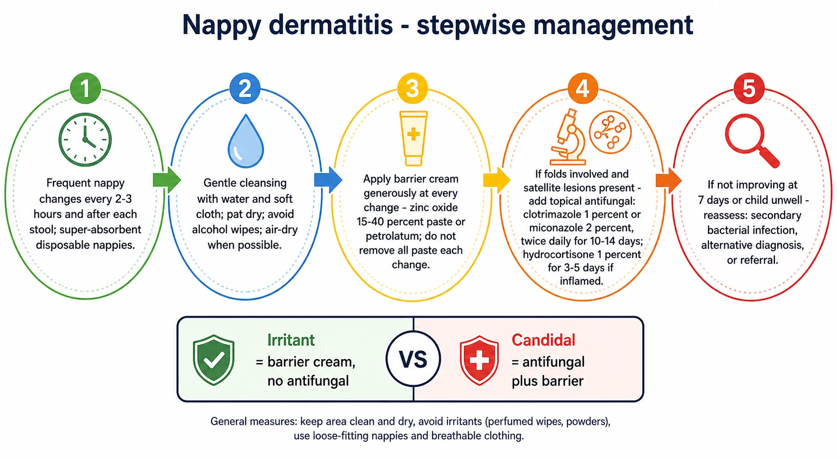 A horizontal stepwise clinical pathway infographic titled Nappy dermatitis - stepwise management. Five numbered circular step boxes connected by rightward arrows. Step one: frequent nappy changes every 2-3 hours and after each stool. Step two: gentle cleansing with water and soft cloth, pat dry, air-dry. Step three: apply barrier cream (zinc oxide 15-40 percent or petrolatum) at every change. Step four: if folds involved and satellite lesions present, add topical antifungal (clotrimazole 1 percent or miconazole 2 percent twice daily for 10-14 days; hydrocortisone 1 percent for 3-5 days if inflamed). Step five: if not improving at 7 days or child unwell, reassess for secondary infection or alternative diagnosis.