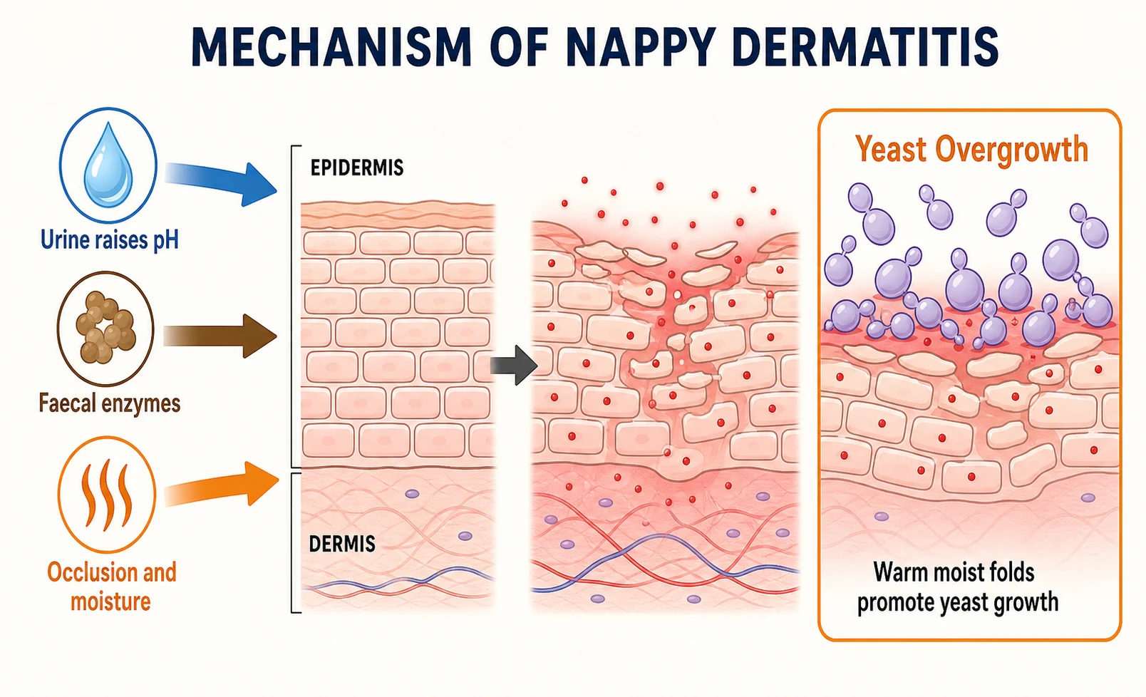 A clean educational medical mechanism diagram showing the pathophysiology of nappy dermatitis. On the left, a stylised cross-section of infant skin (epidermis, stratum corneum, dermis) under a nappy, with three coloured arrows from urine (ammonia raises pH), faeces (proteases and lipases), and occlusion (maceration) converging on the skin barrier shown as a brick wall breaking down. On the right, a boxed section shows Candida albicans organisms (oval budding cells and pseudohyphae) multiplying on the disrupted skin surface in the warm moist fold.