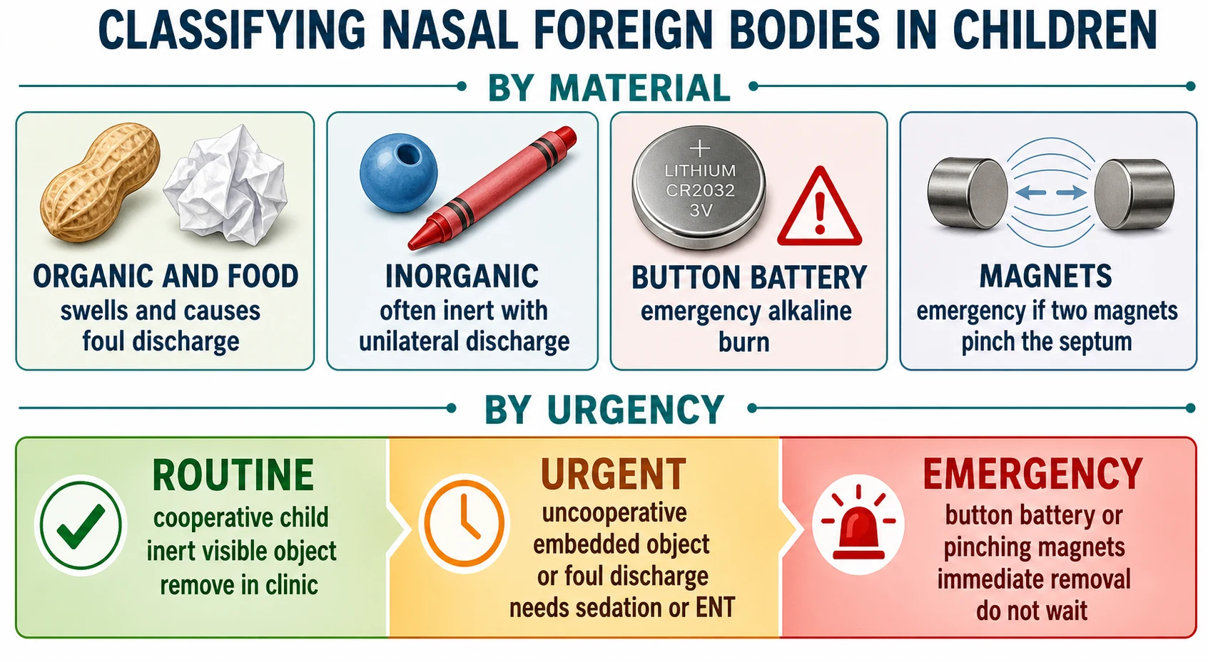 Two-row educational schematic of nasal foreign body classification. Top row labelled by material shows four tiles: organic and food (peanut, paper) that swells with foul discharge, inorganic and inert (bead, crayon) with unilateral discharge, a silver button battery marked emergency alkaline burn, and two magnets marked emergency if more than one. Bottom row is a horizontal green-amber-red urgency bar divided into three zones: routine in-clinic removal for a cooperative child with an inert object, urgent for an uncooperative or embedded object needing sedation or ENT, and emergency for a button battery requiring immediate removal.