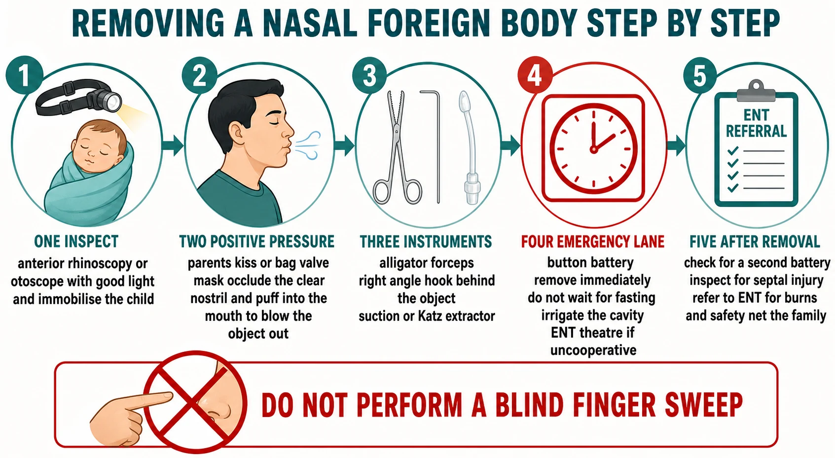 Stepwise left-to-right removal algorithm titled Removing a Nasal Foreign Body Step by Step. Five numbered stations connected by arrows: one inspect (headlight, swaddled child), two positive pressure (parent puffing into the child's mouth with the clear nostril occluded), three instruments (alligator forceps, a right-angle hook behind a bead, suction, a Katz extractor), four a red-bordered emergency lane for the button battery (remove immediately, do not wait for fasting, irrigate, ENT theatre), five after removal (check for a second battery, inspect for septal injury, refer to ENT, safety-net). A crossed-out icon at the bottom marks a blind finger sweep with a red X and the caption do not perform a blind finger sweep.