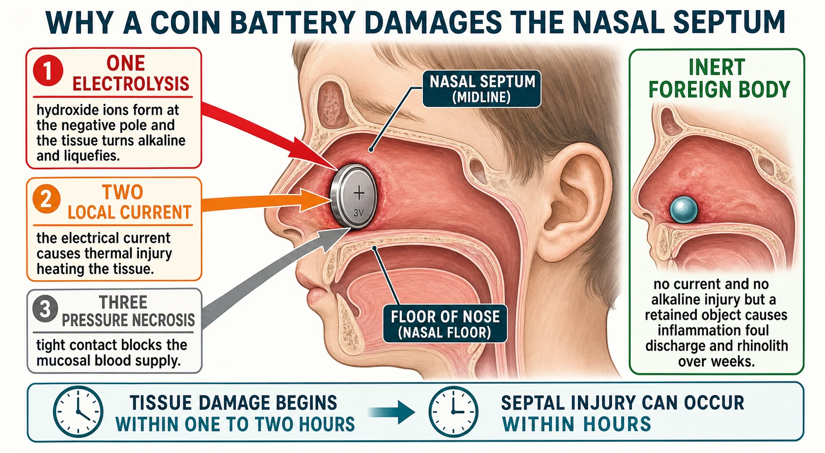 Left-to-right mechanism diagram titled Why a Button Battery Burns the Nose. Centre shows a sagittal nasal-cavity section with the midline septum and a round button battery wedged against the septal mucosa. Three labelled mechanism panels radiate from the battery: panel one in red shows electrolysis generating hydroxide ions at the negative pole with alkaline liquefactive necrosis, panel two in orange shows thermal injury from the local current, panel three in grey shows pressure necrosis from tight contact blocking mucosal blood supply. A bottom timeline strip with clock icons reads tissue damage begins within one to two hours and septal perforation can occur within hours to a day. A right-hand inset with a green border labelled inert foreign body shows a bead with mild inflammation and the caption no current, no alkaline burn, but a retained object causes inflammation, foul discharge and rhinolith over weeks.