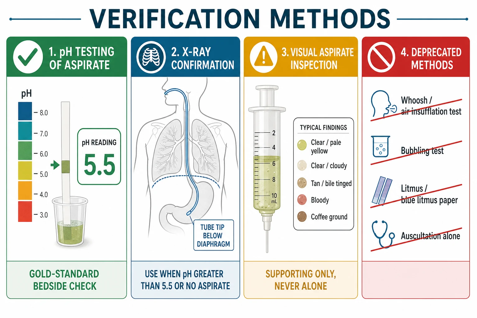 Four-column classification of nasogastric tube verification methods: pH testing as the gold-standard bedside check, radiography as the confirmatory test, visual aspirate inspection as supporting only, and the deprecated methods (whoosh, bubbling, litmus, auscultation) struck through