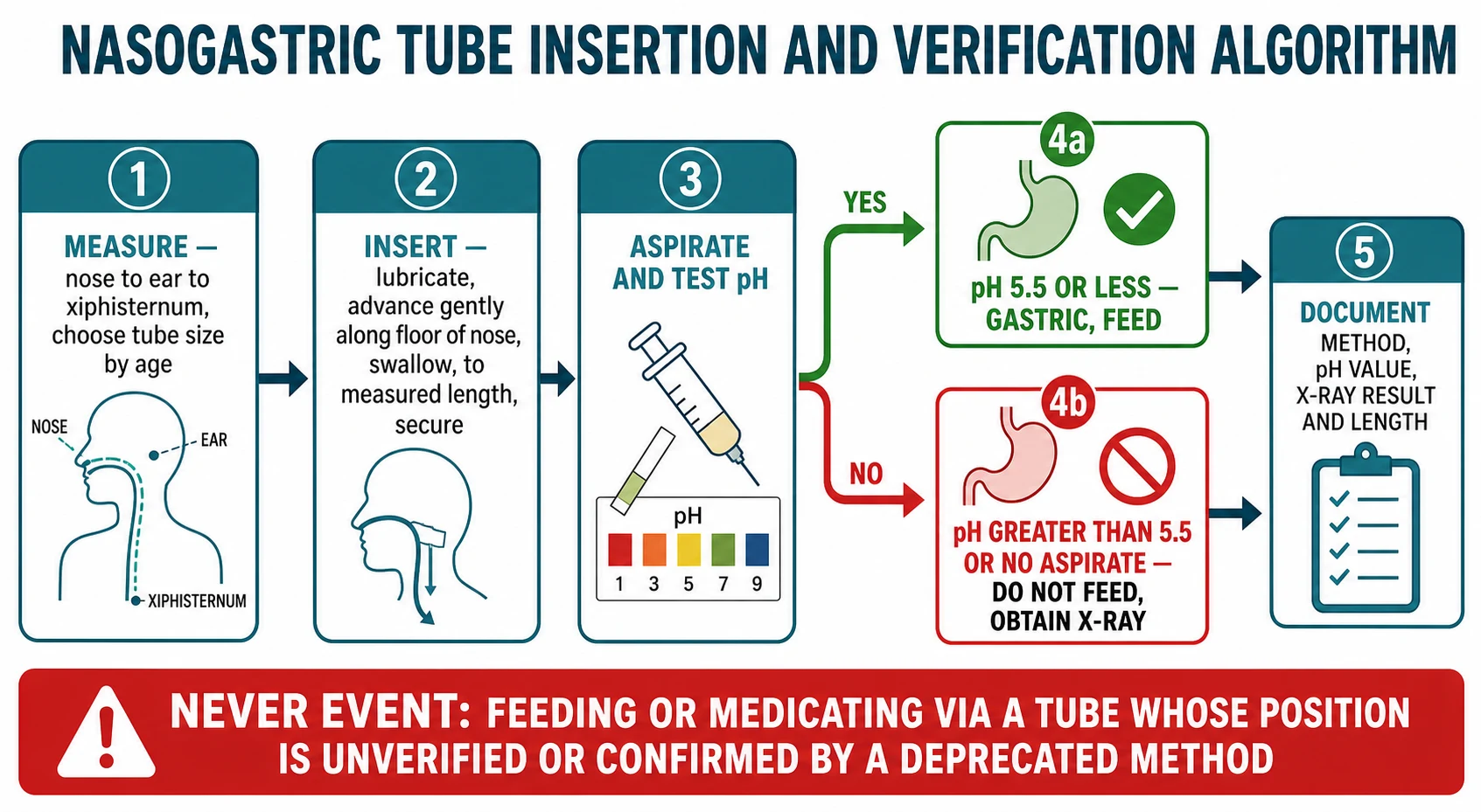 Left-to-right flowchart of the nasogastric tube insertion and verification algorithm: measure, insert, aspirate and test pH, branch to feed at pH 5.5 or less or to obtain an X-ray when pH is above 5.5 or no aspirate, then document, with a Never Event warning banner