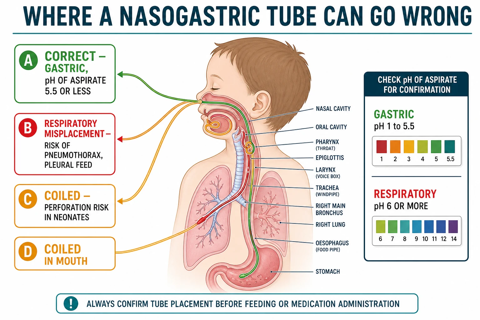 Side-view schematic of the head, neck and chest showing four nasogastric tube paths: correct gastric placement, respiratory misplacement into the bronchus, coiled oesophageal placement and coiled in the mouth, with a callout comparing gastric pH (1 to 5.5) with respiratory pH (6 or more)