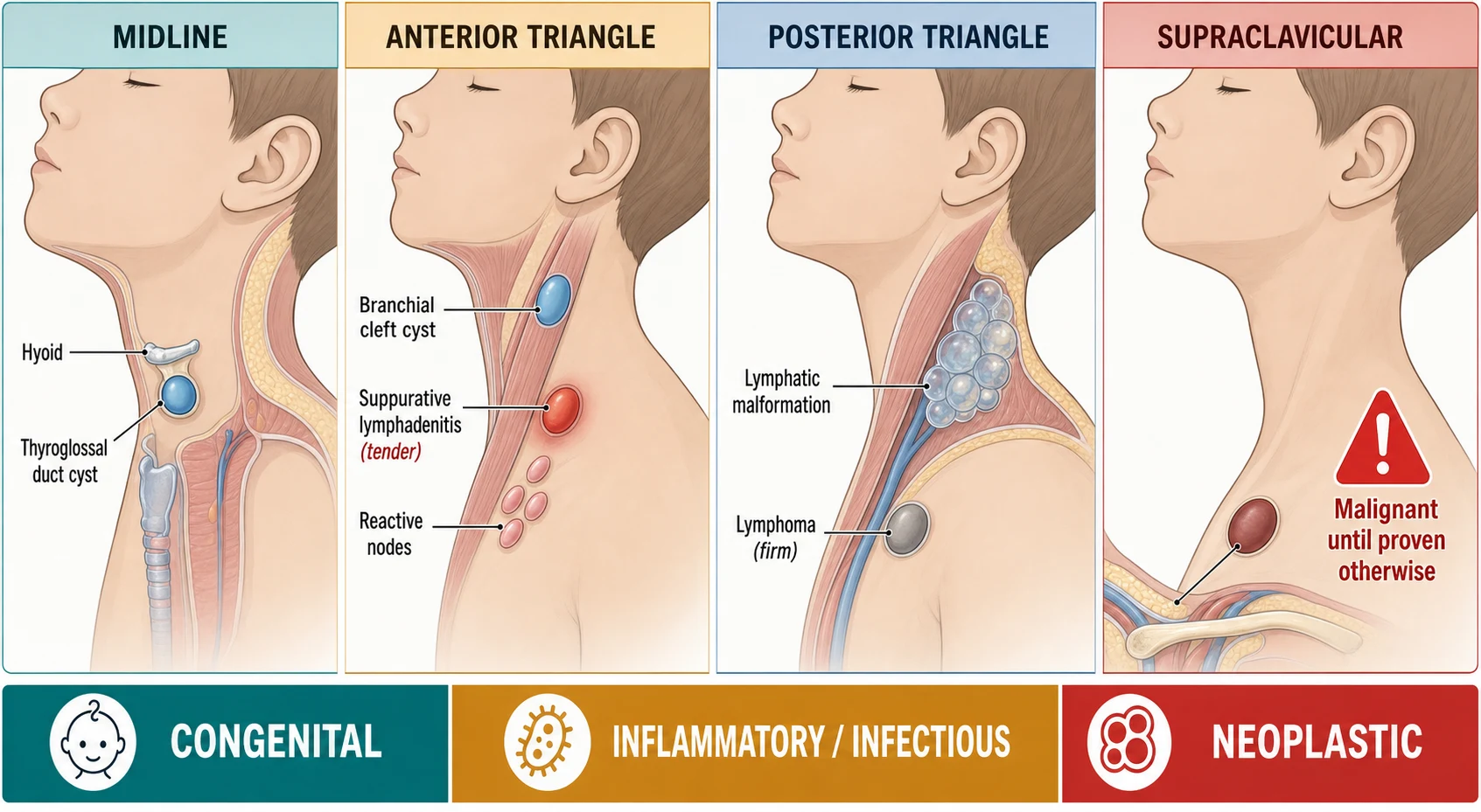Educational schematic of the paediatric neck divided into midline and lateral regions and anterior and posterior triangles, with labelled congenital masses (thyroglossal duct cyst midline, branchial cleft cyst lateral, lymphatic malformation in the posterior triangle, fibromatosis colli in the sternocleidomastoid), inflammatory masses (tender reactive and suppurative nodes), and neoplastic masses (a firm fixed supraclavicular node)