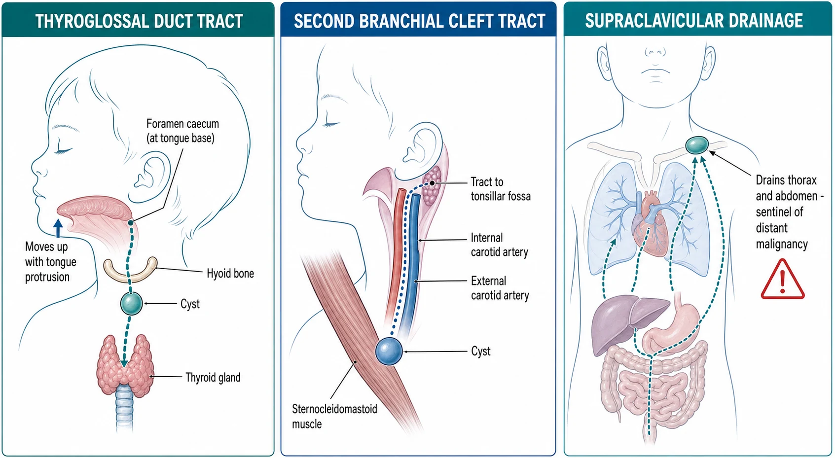 Educational schematic of three mechanism columns: the thyroglossal duct tract descending from the foramen cecum at the tongue base through the hyoid bone to the thyroid, the second branchial cleft tract running from the anterior border of the sternocleidomastoid to the palatine tonsil, and a lymphatic malformation as a multicystic dysplastic lymphatic sac in the posterior triangle
