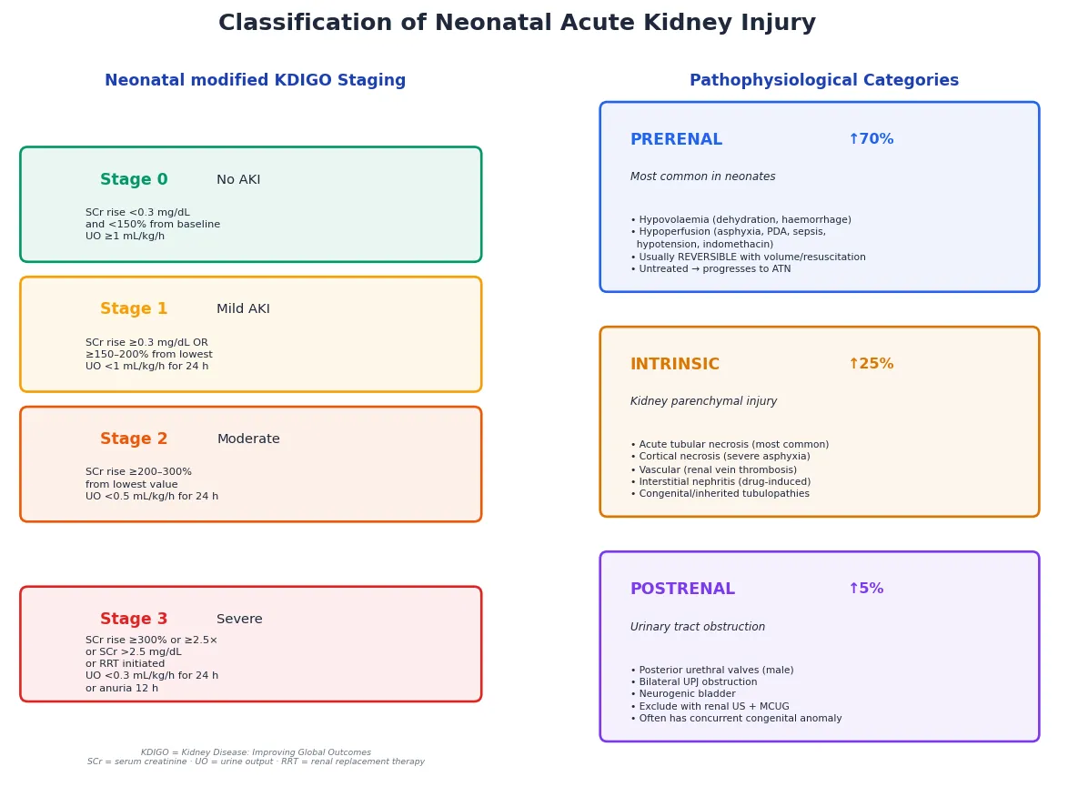 Classification of neonatal acute kidney injury by neonatal modified KDIGO staging (Stage 0 to Stage 3) on the left, and by pathophysiological category (prerenal, intrinsic, postrenal) with approximate proportions on the right
