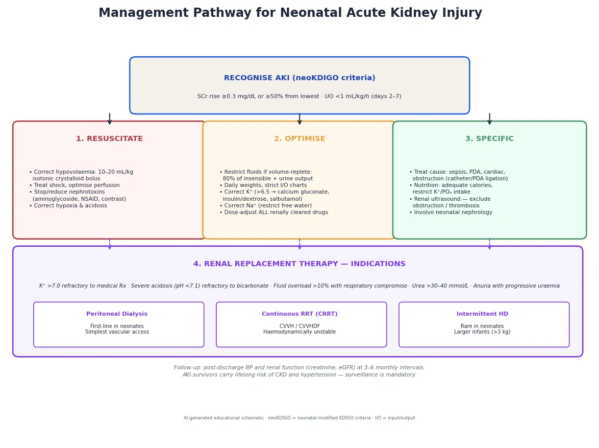 Stepwise management pathway for neonatal acute kidney injury: recognition by neoKDIGO criteria, then three parallel pathways of resuscitation (restore perfusion, stop nephrotoxins), optimisation (fluid restriction, electrolyte correction, drug dose adjustment), and specific treatment (treat the underlying cause, renal ultrasound), escalating to renal replacement therapy (peritoneal dialysis, CRRT, or haemodialysis) for refractory cases, with mandatory post-discharge surveillance for CKD