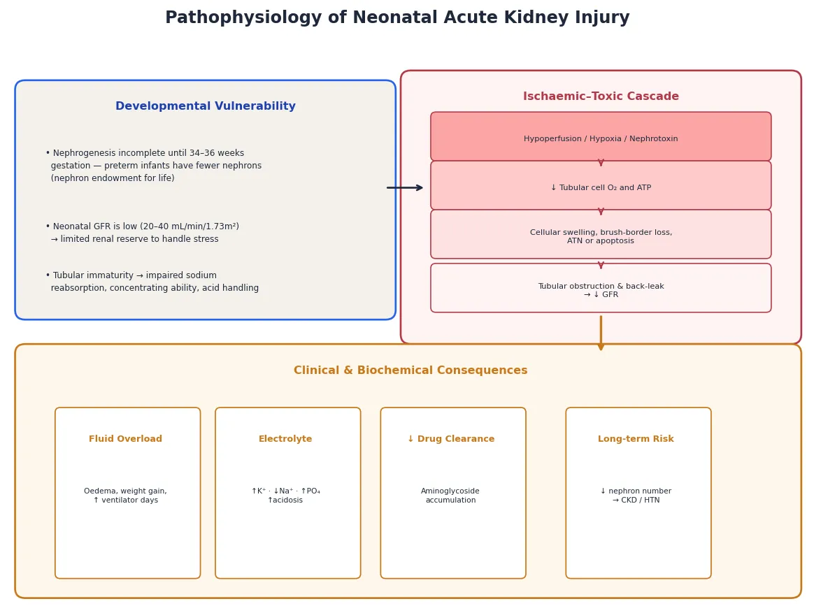 Pathophysiology of neonatal acute kidney injury: developmental vulnerability (incomplete nephrogenesis, low GFR, tubular immaturity) leading into the ischaemic-toxic cascade (hypoperfusion, ATP depletion, cellular swelling, tubular obstruction, reduced GFR) and the clinical consequences (fluid overload, electrolyte disturbance, reduced drug clearance, long-term CKD risk)