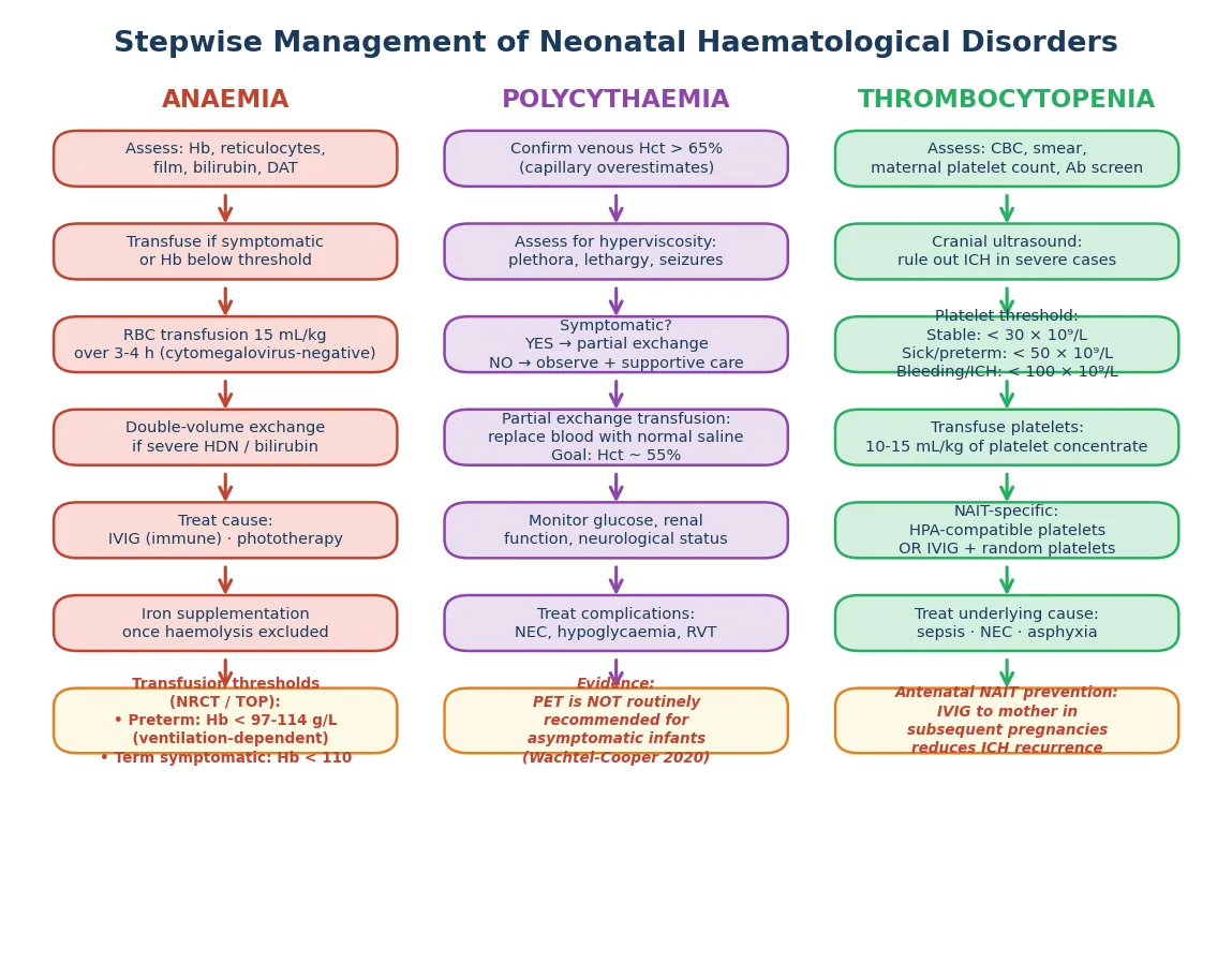Stepwise management flowchart showing three parallel columns for anaemia (assessment, transfusion thresholds, iron supplementation), polycythaemia (confirmation, symptomatic decision, partial exchange versus observation), and thrombocytopenia (assessment, cranial ultrasound, platelet transfusion thresholds, NAIT-specific treatment).